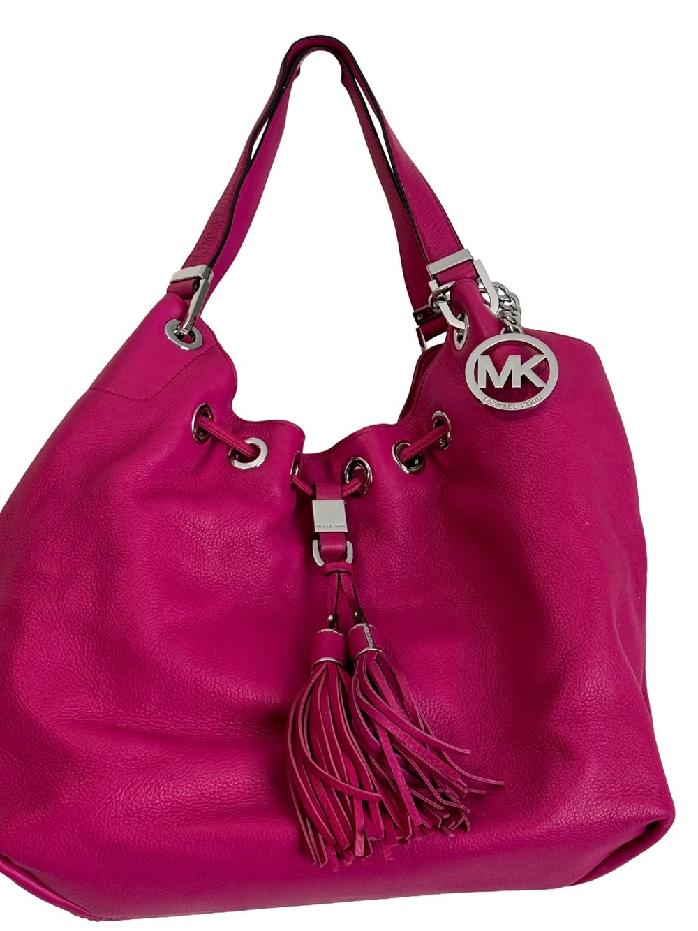 Michael Kors Pink Camden Leather Drawstring Shoulder Tote Bag with MK Charm - Picture 3 of 10